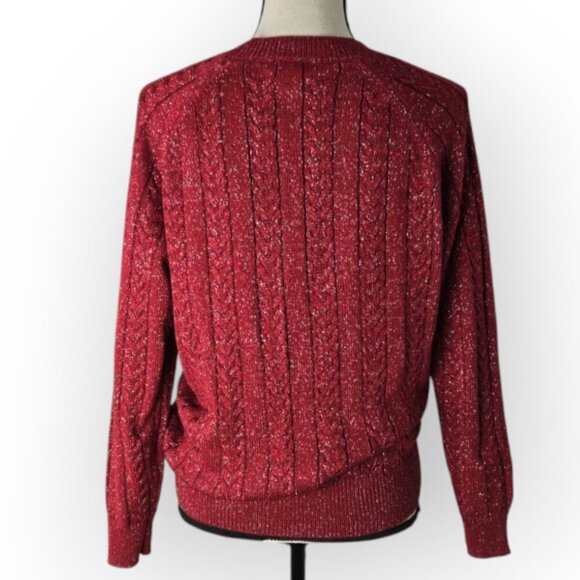 Athleta Red Silver Metallic Sparkle Cable Knit Sweater XS - Picture 5 of 7